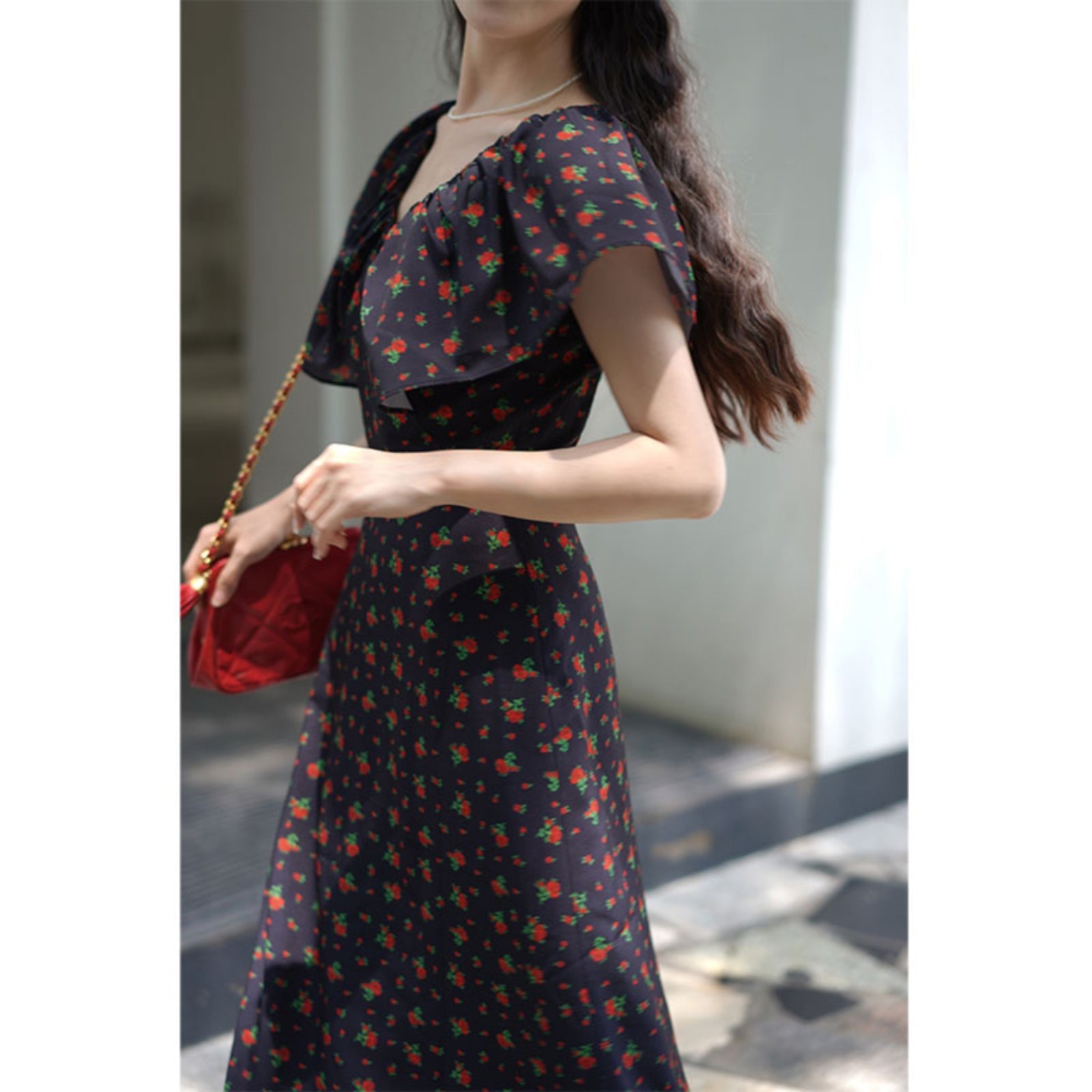 Black ink flower crowd retro dress