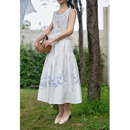 blue and white porcelain embroidered elastic waist A-line skirt