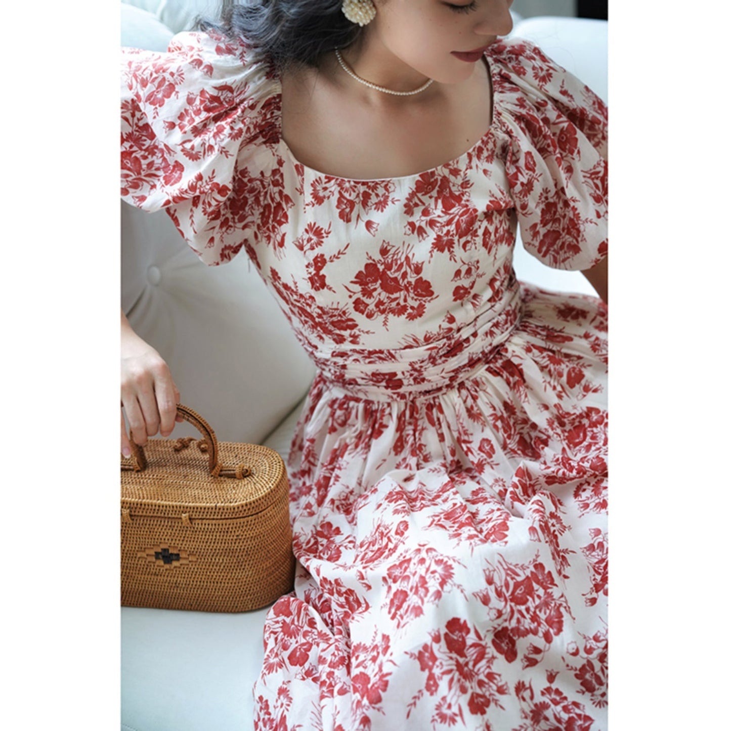 Red flower pattern retro dress