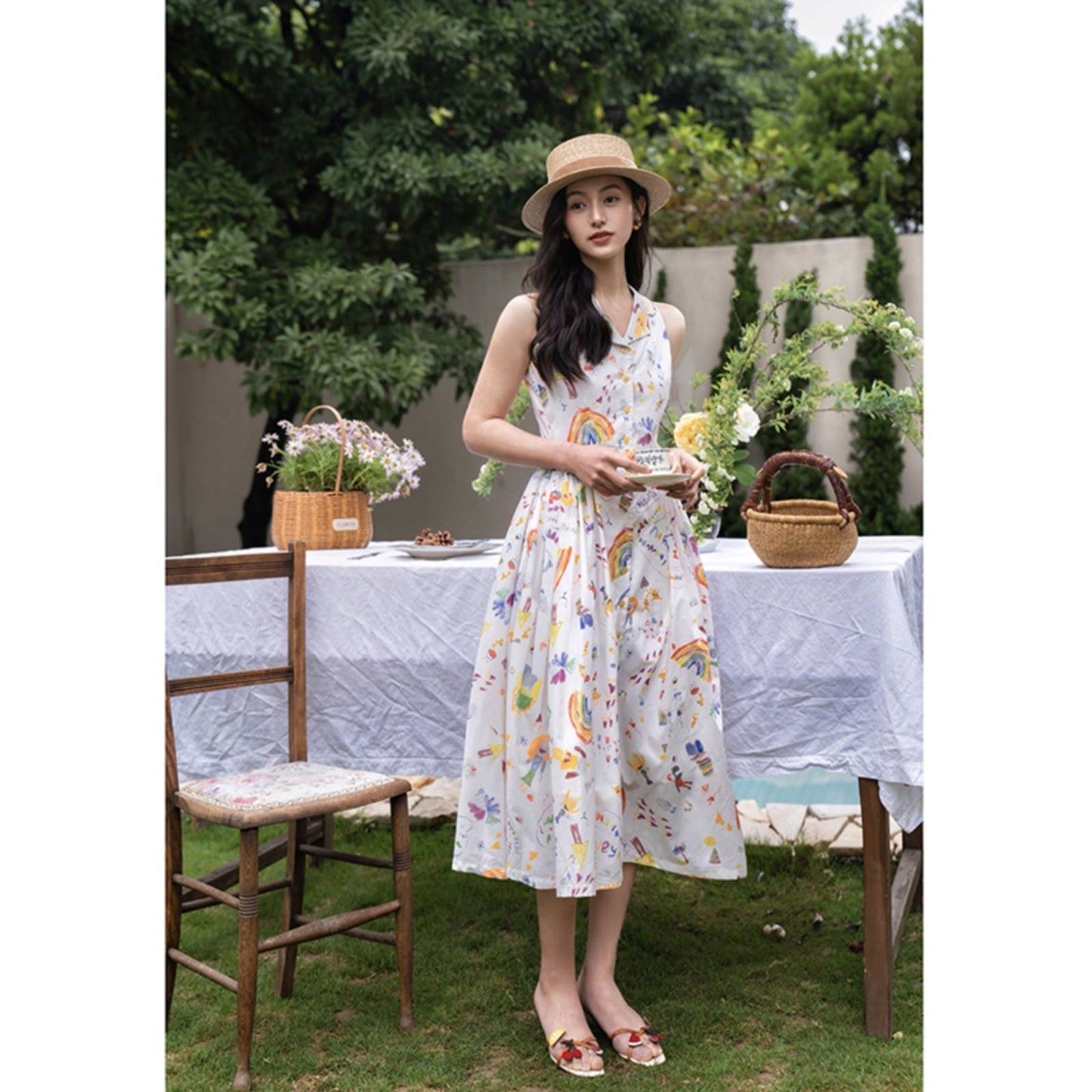 childlike rainbow print waistcoat dress