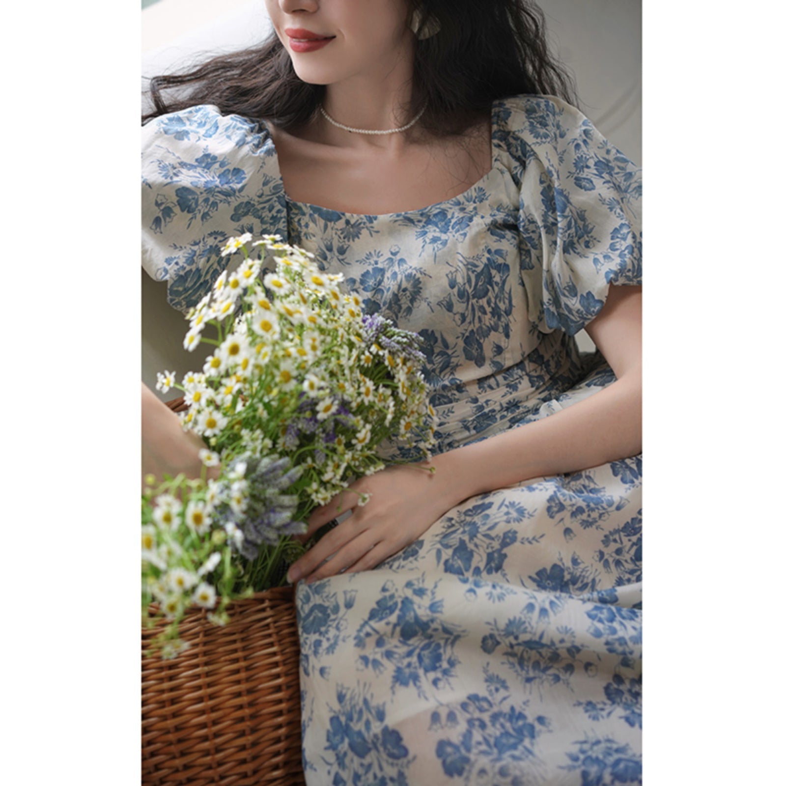 Blue ink flower pattern retro dress