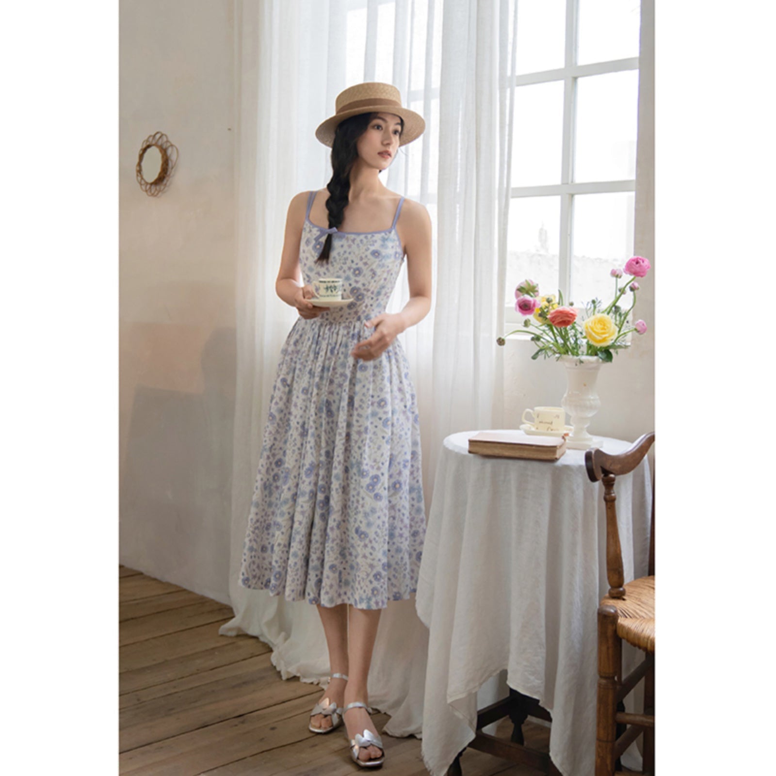 Watercolor flower and grass pattern camisole dress