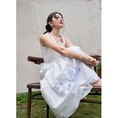 blue and white porcelain embroidered elastic waist A-line skirt