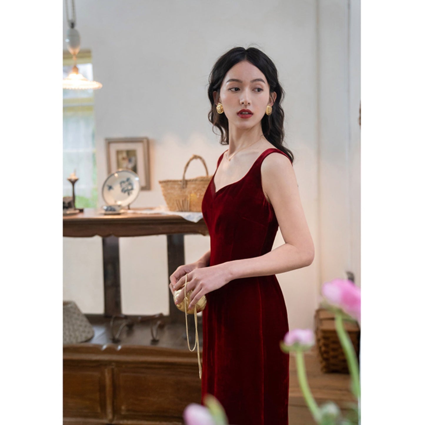 Lady's Silk Suspender Velvet Strap Dress