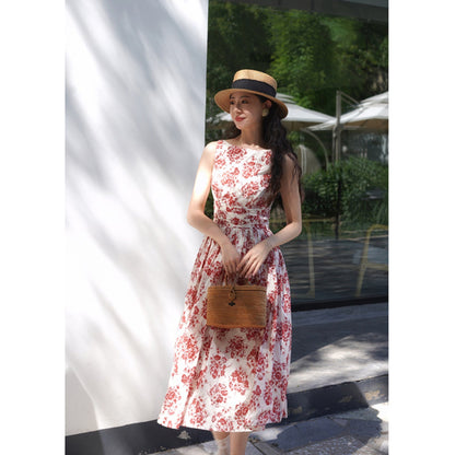 Red flower pattern sleeveless dress