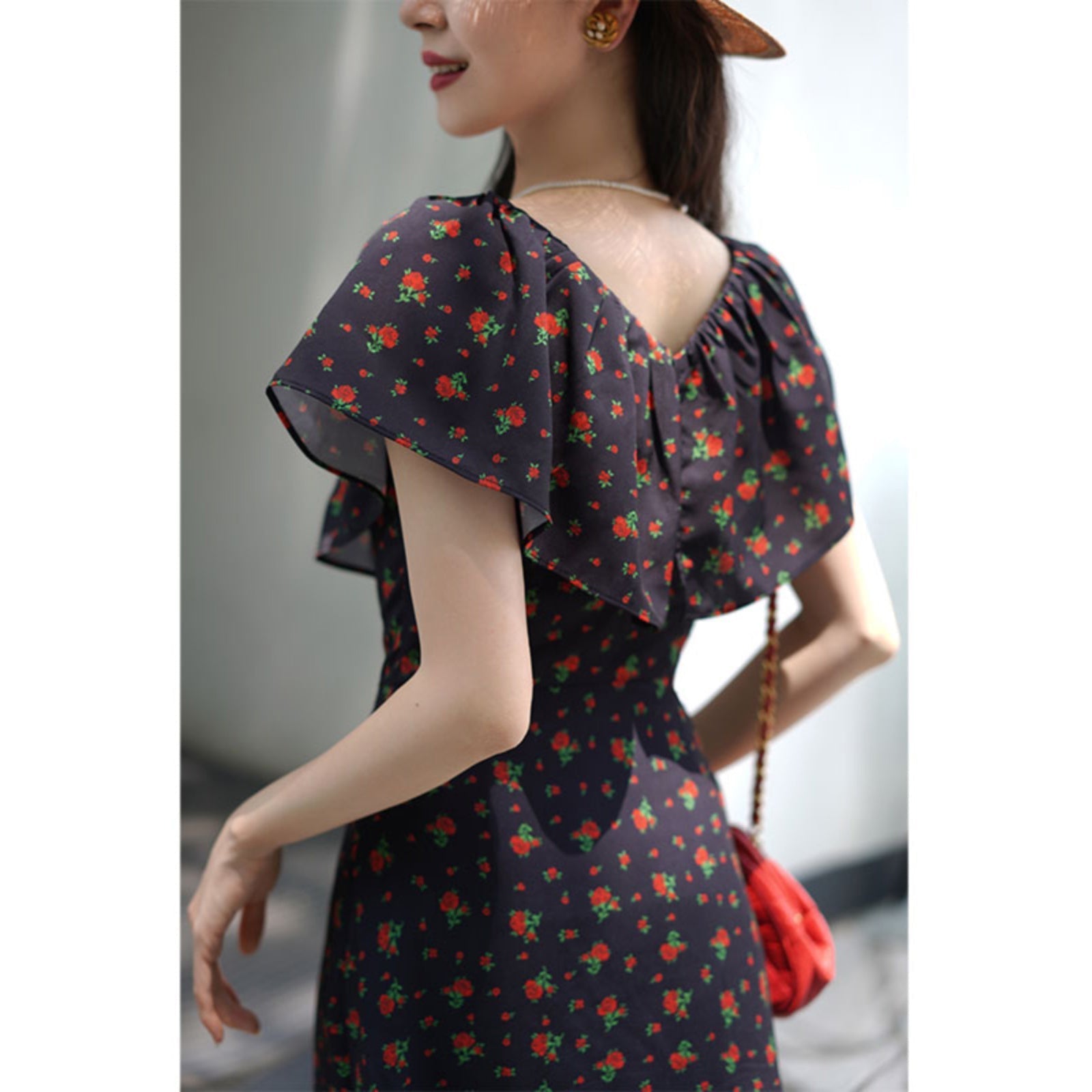 Black ink flower crowd retro dress