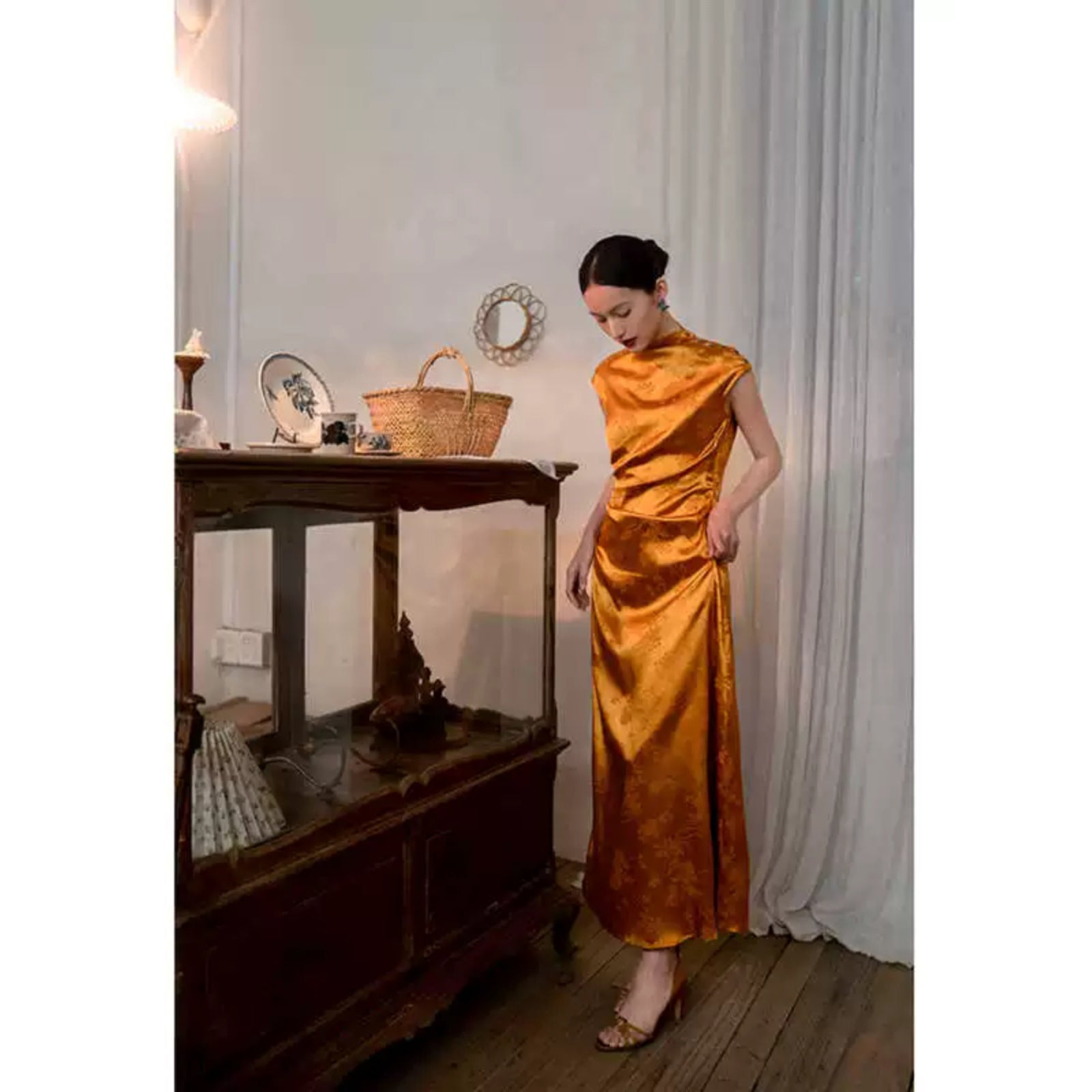 amber high collar jacquard satin cheongsam slim dress