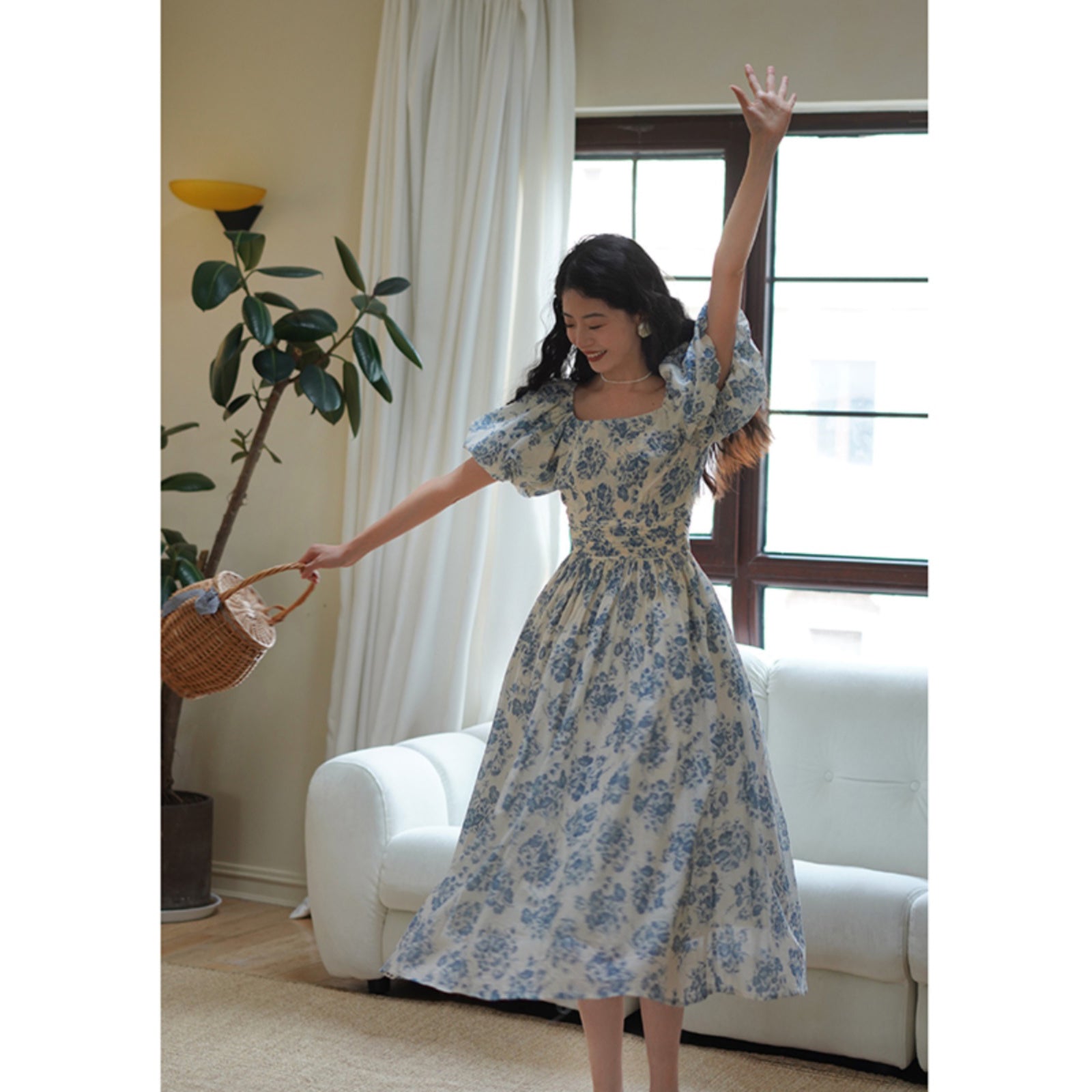 Blue ink flower pattern retro dress