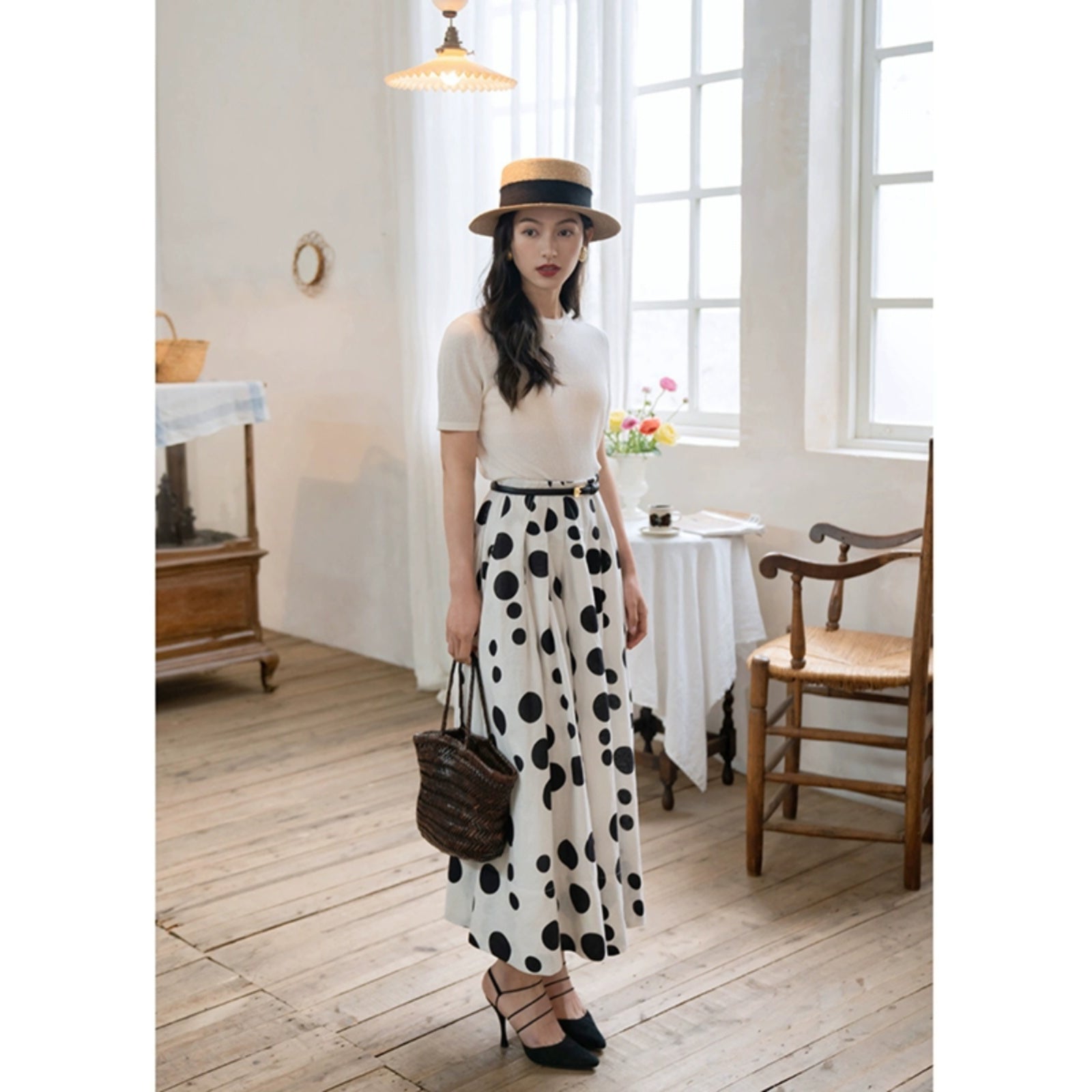 Black and white polka dot long skirt