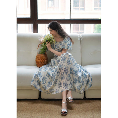 Blue ink flower pattern retro dress