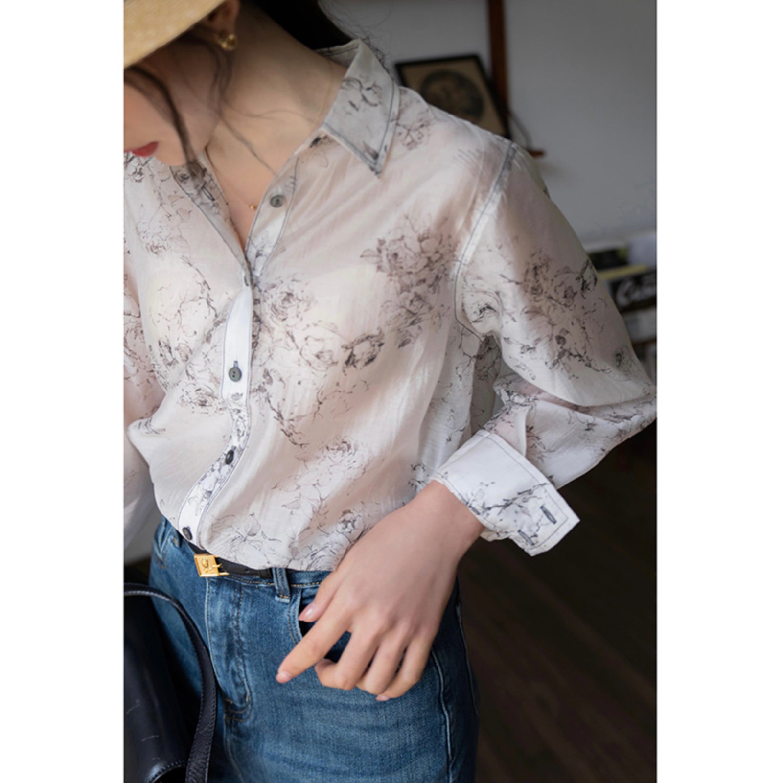 rose flower ink painting blouse