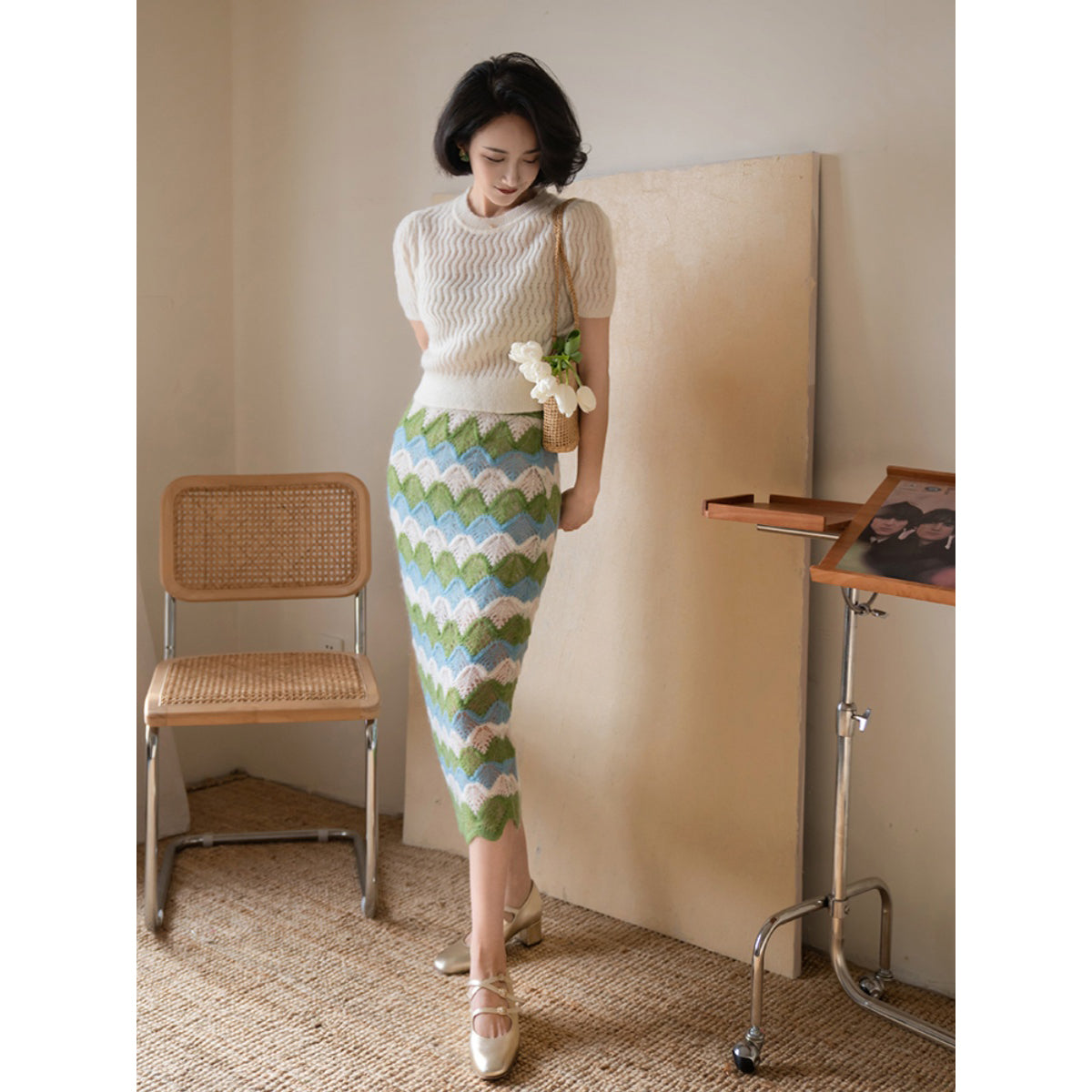 Geometric pattern mohair straight skirt