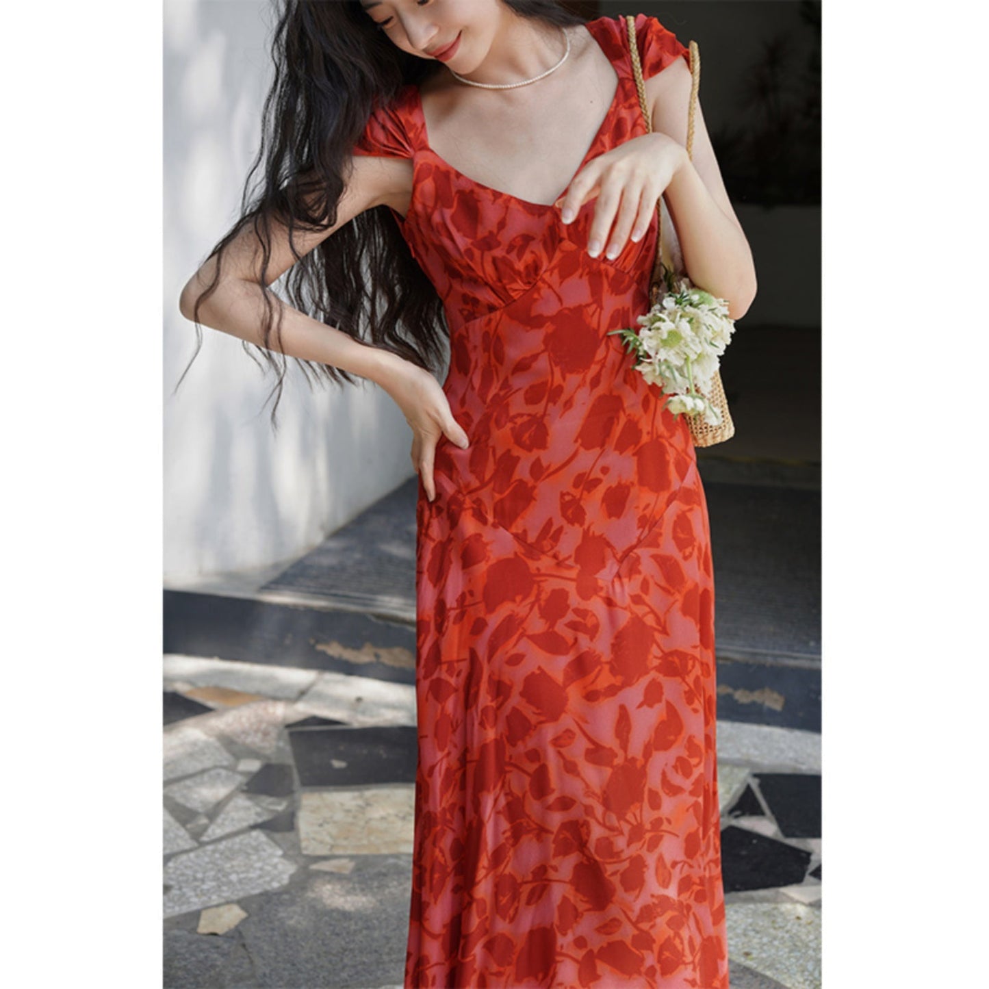 Crimson rose flower shadow dress