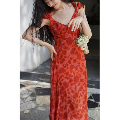 Crimson rose flower shadow dress