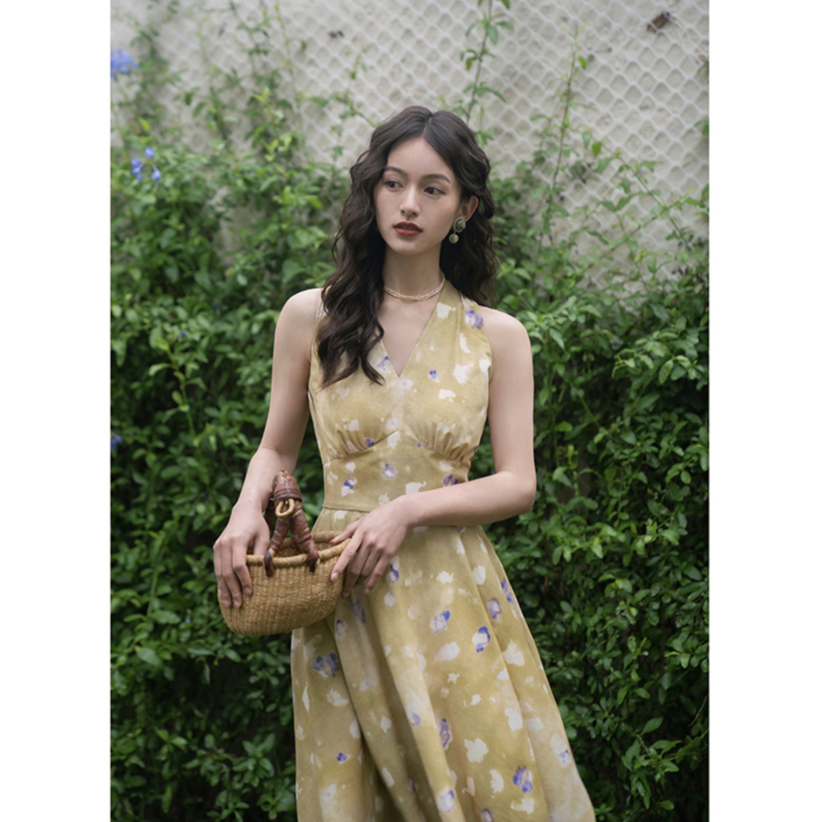 French retro rotten leaves sleeveless dress