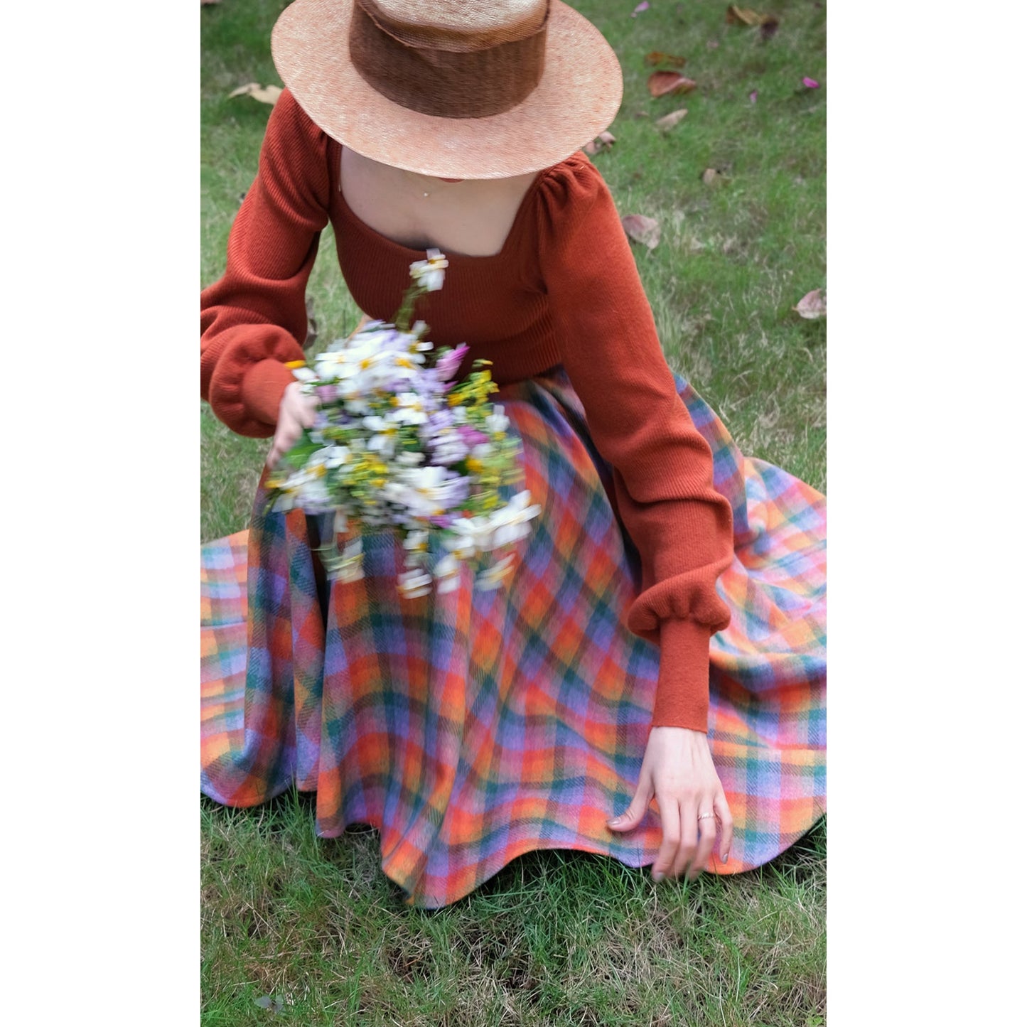 Rainbow plaid retro umbrella skirt