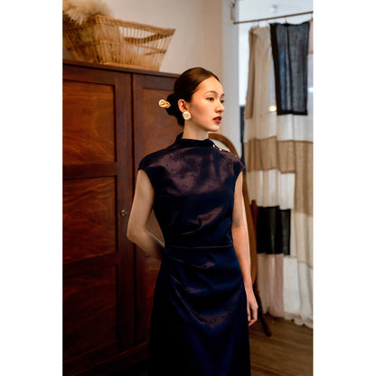 Cyanosis high collar jacquard satin cheongsam slim dress