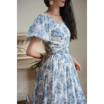 Blue ink flower pattern retro dress