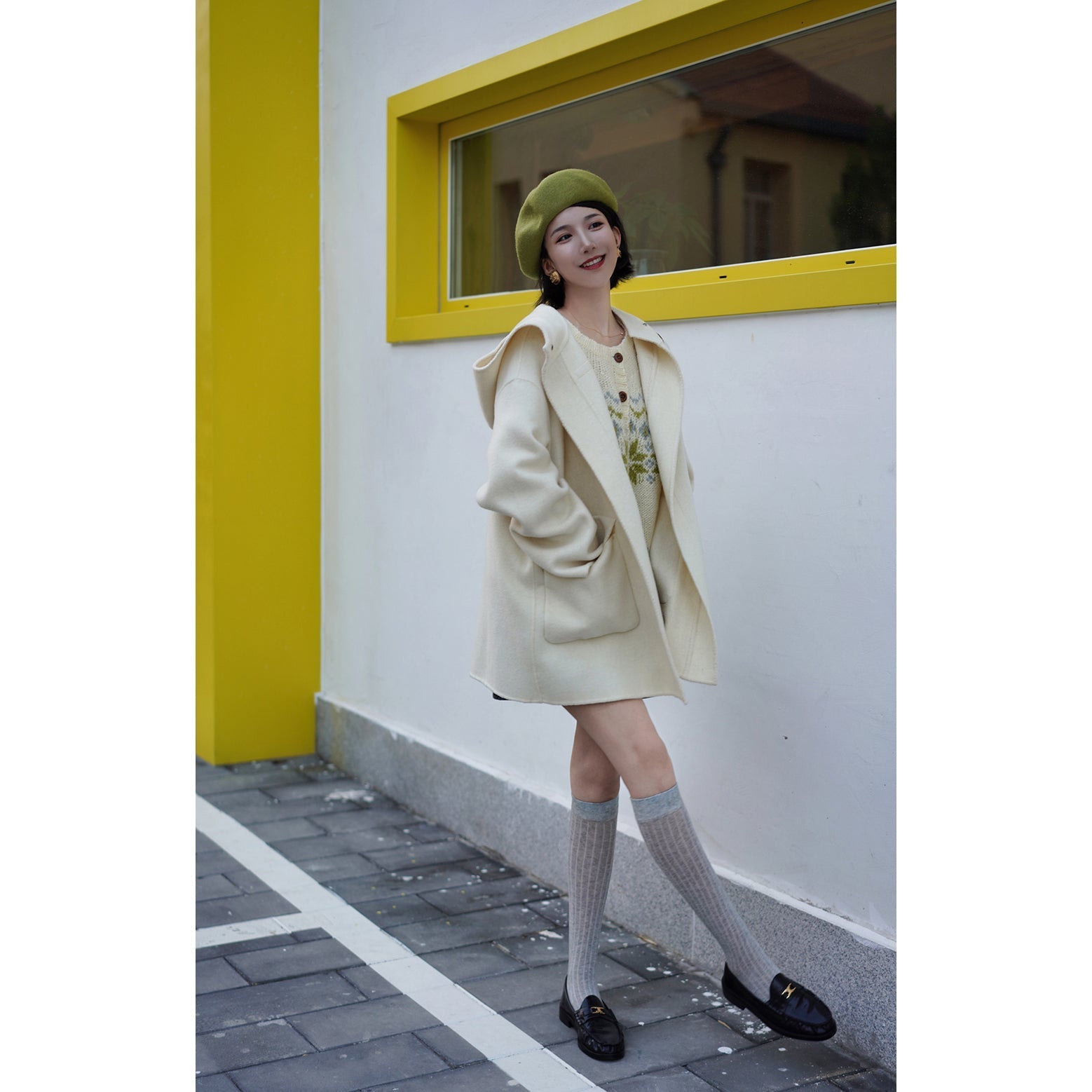 Ivory wool oversized hood coat