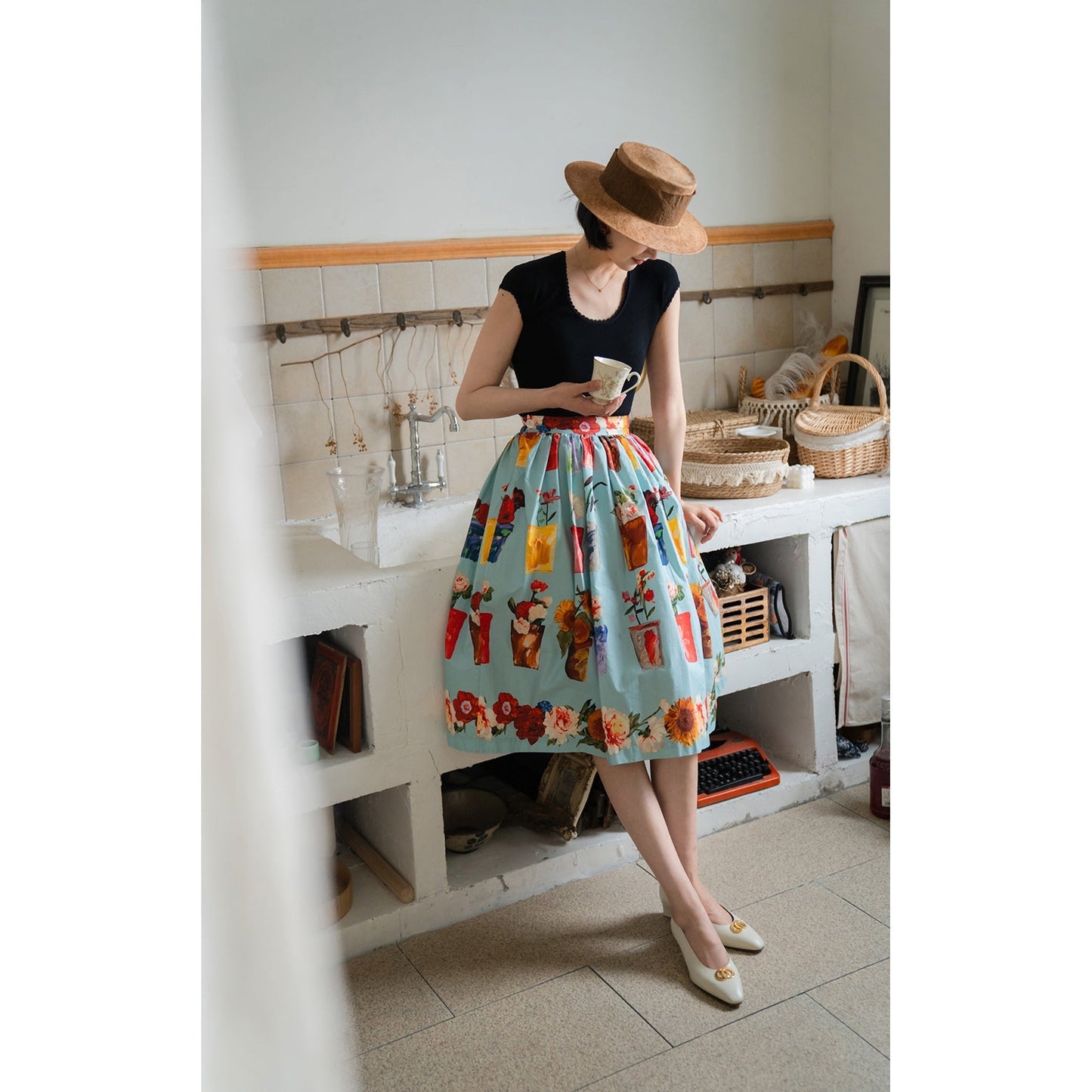 potted flower painting hepburn skirt