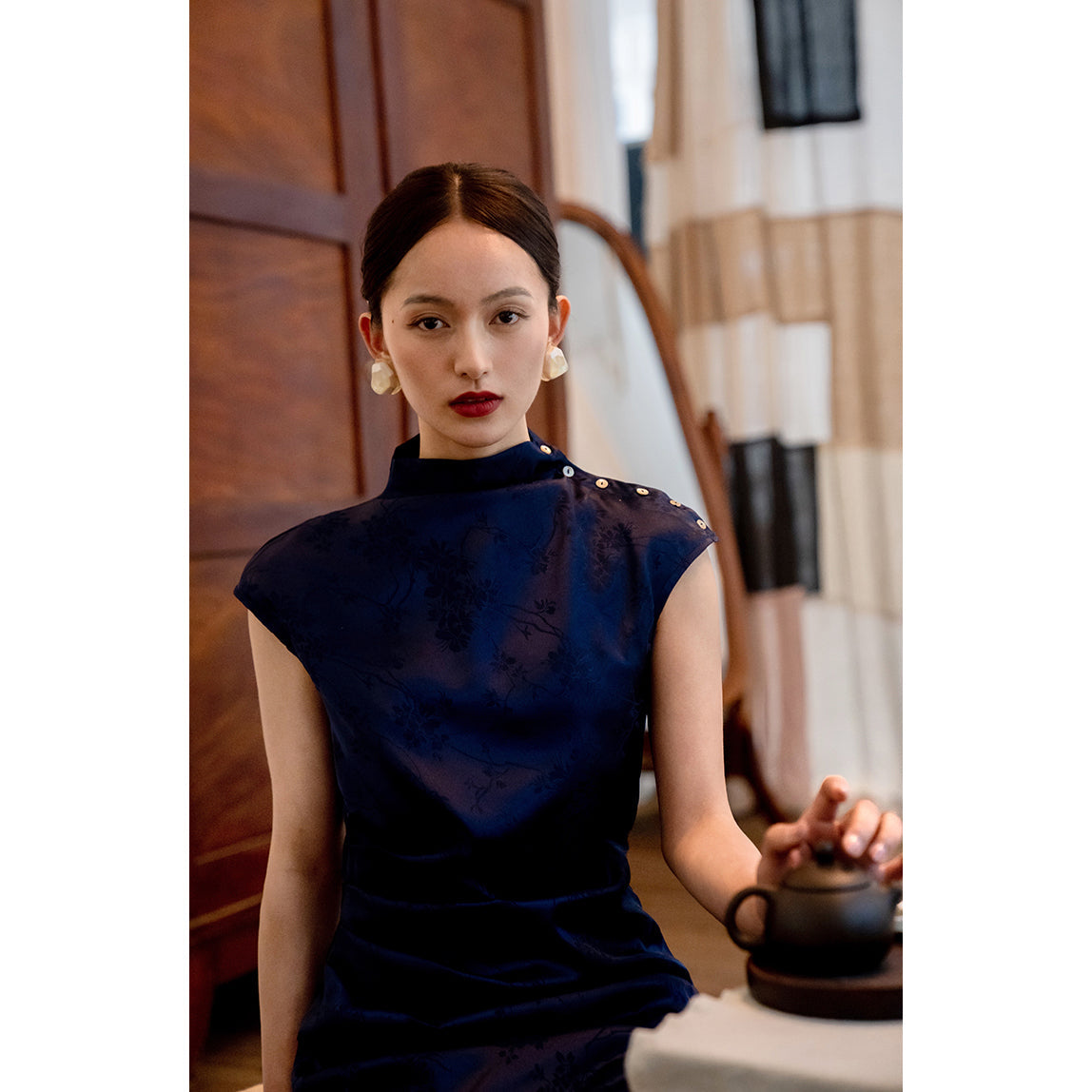 Cyanosis high collar jacquard satin cheongsam slim dress