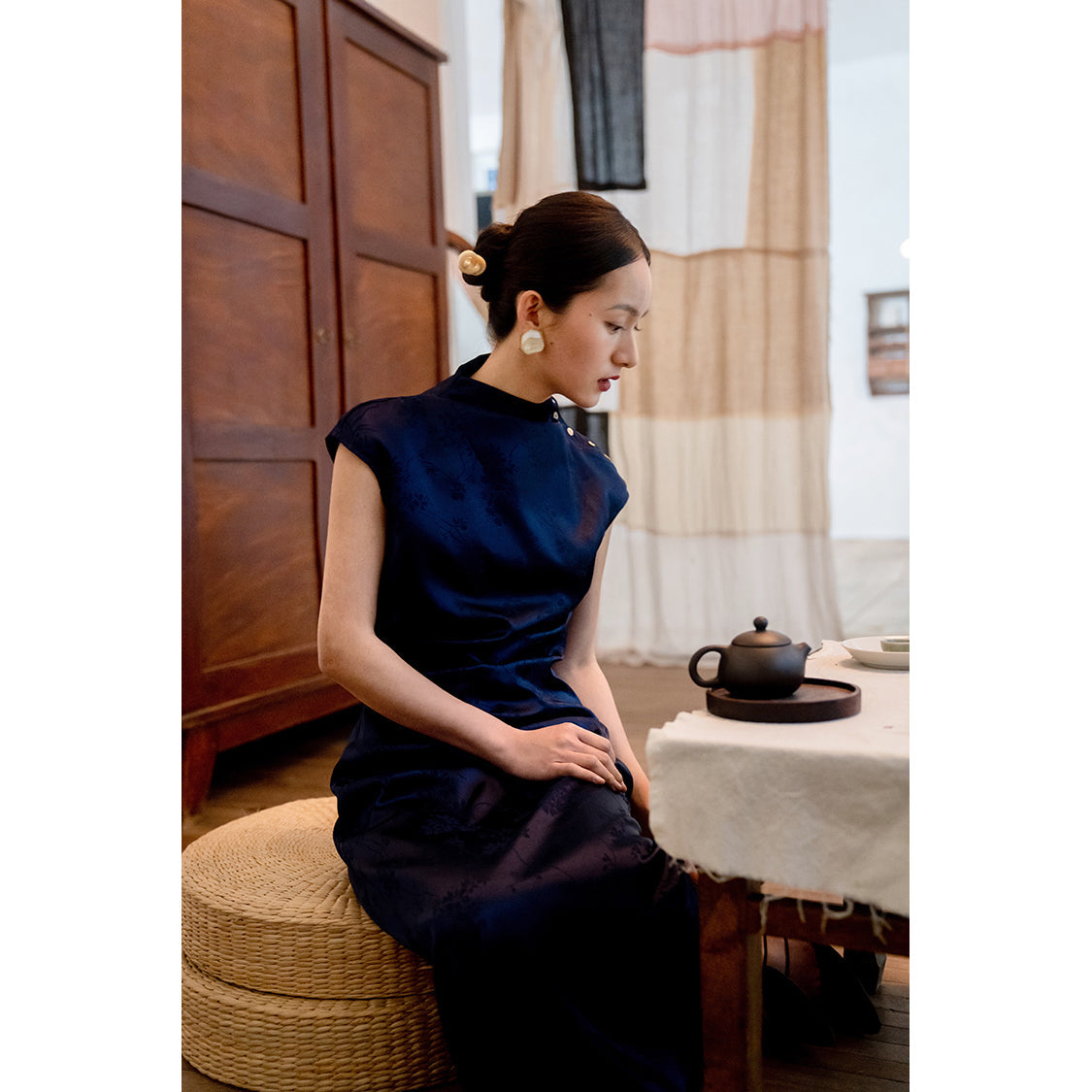 Cyanosis high collar jacquard satin cheongsam slim dress