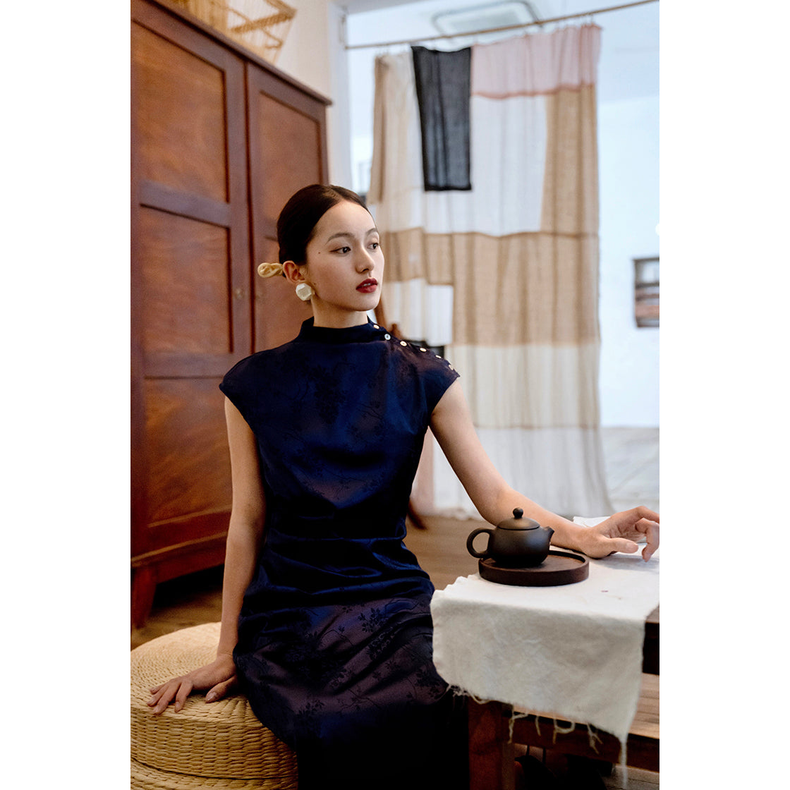 Cyanosis high collar jacquard satin cheongsam slim dress