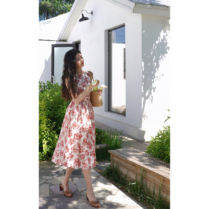 Red flower pattern sleeveless dress