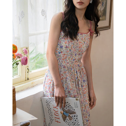 Watercolor flower and grass pattern camisole dress