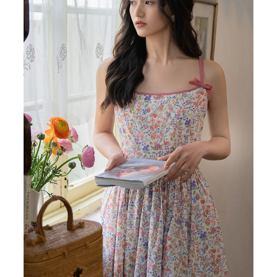 Watercolor flower and grass pattern camisole dress