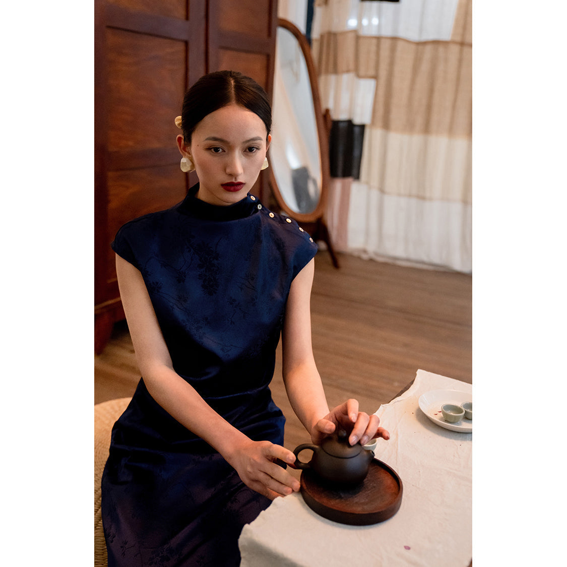 Cyanosis high collar jacquard satin cheongsam slim dress