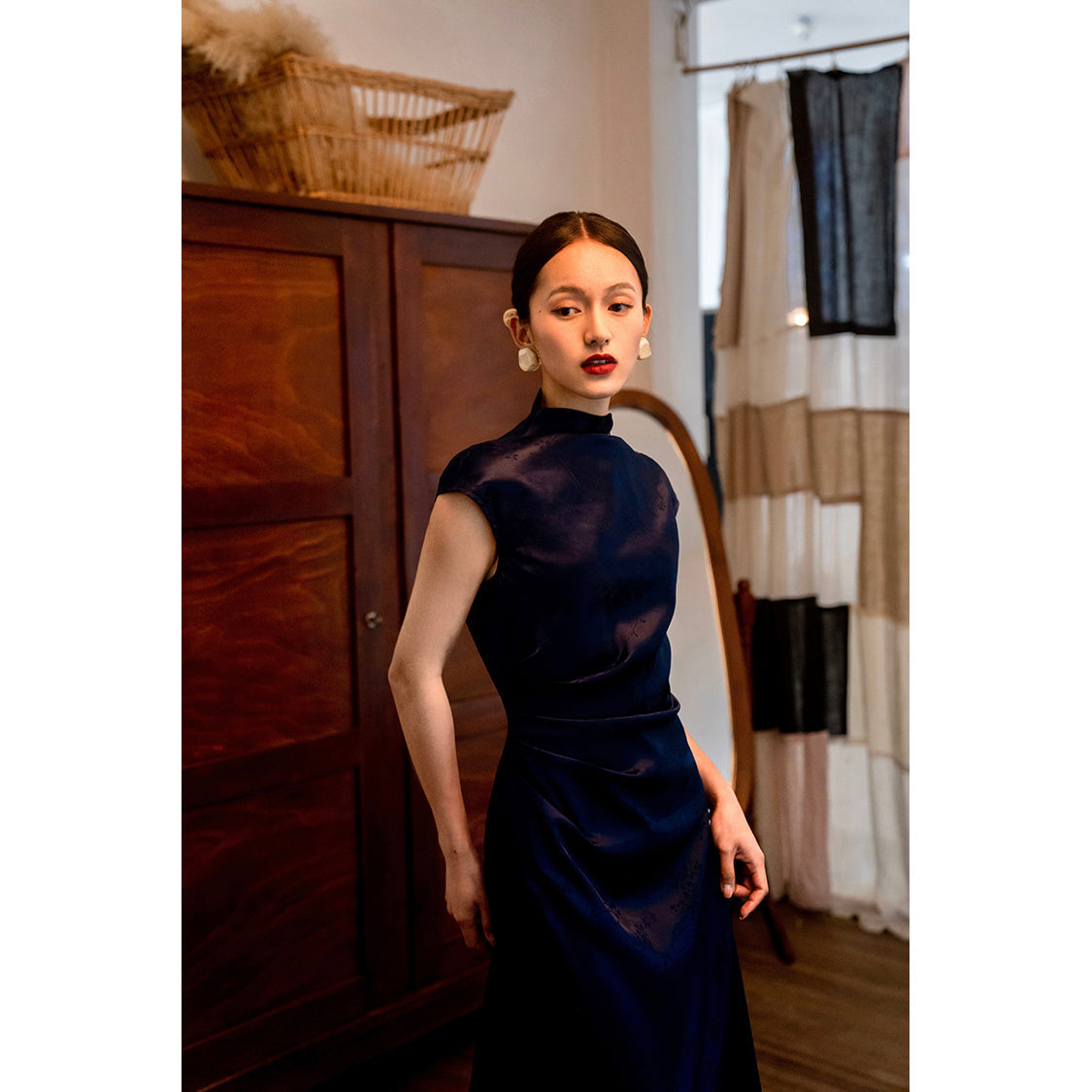 Cyanosis high collar jacquard satin cheongsam slim dress