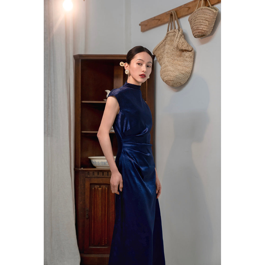 Cyanosis high collar jacquard satin cheongsam slim dress