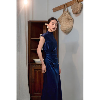 Cyanosis high collar jacquard satin cheongsam slim dress