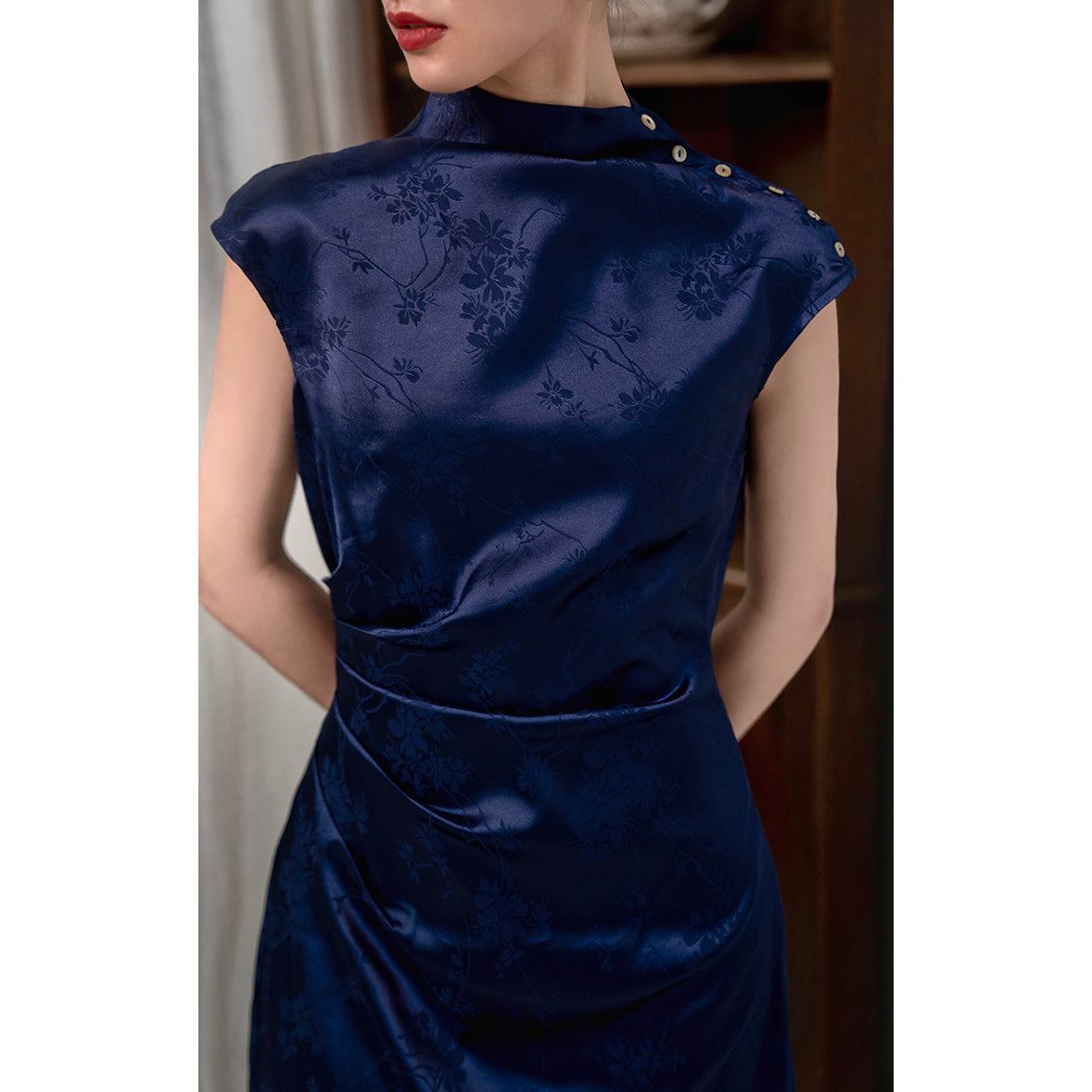 Cyanosis high collar jacquard satin cheongsam slim dress