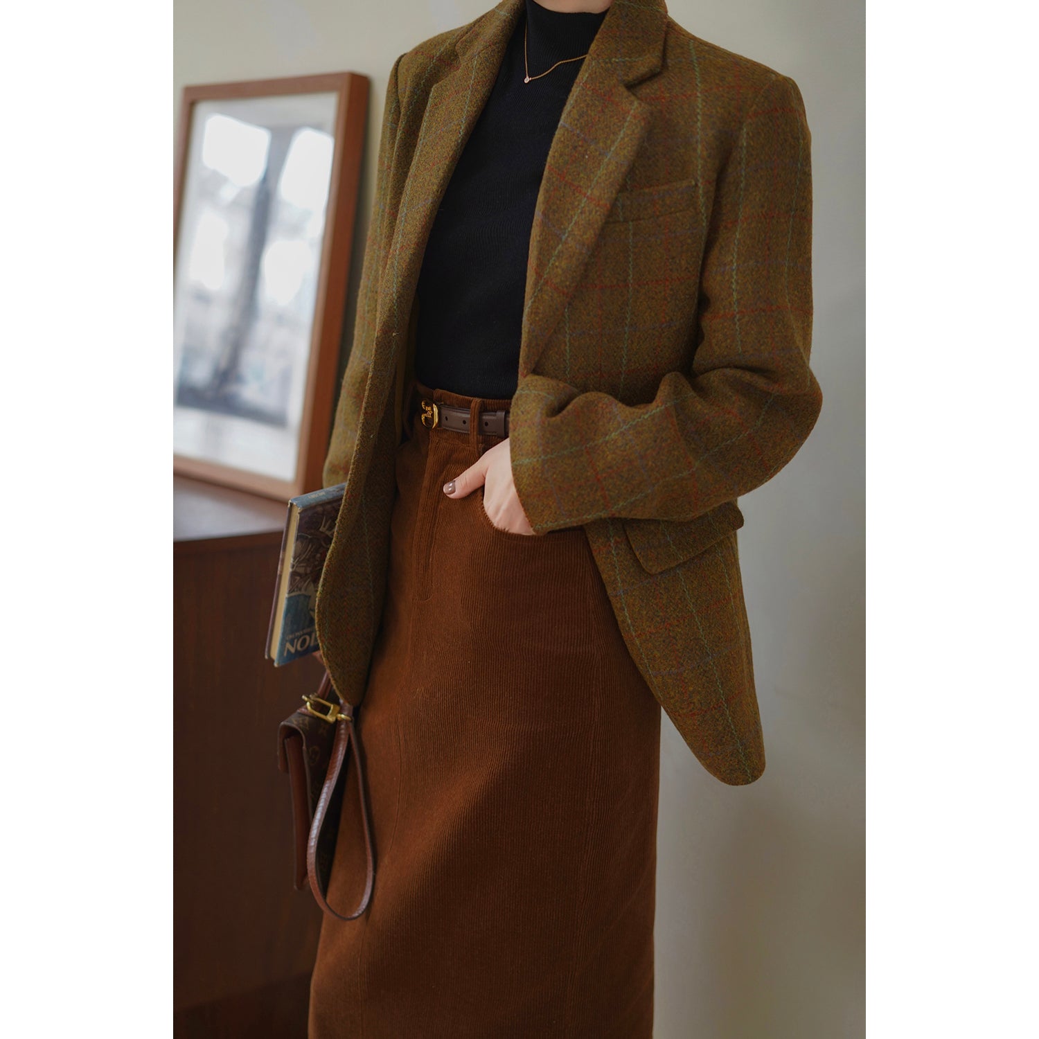 Mannish plaid retro wool jacket and wool skirt