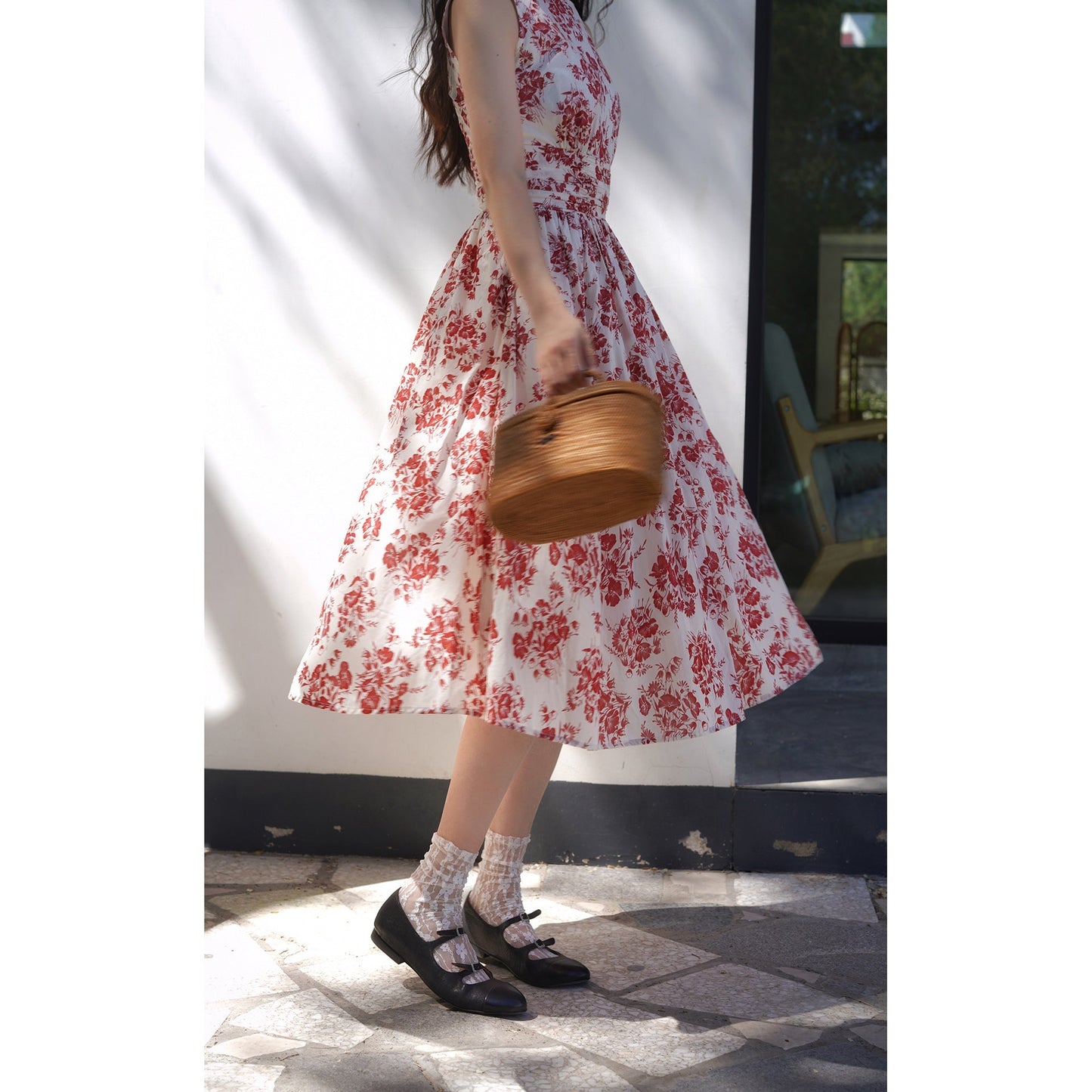 Red flower pattern sleeveless dress