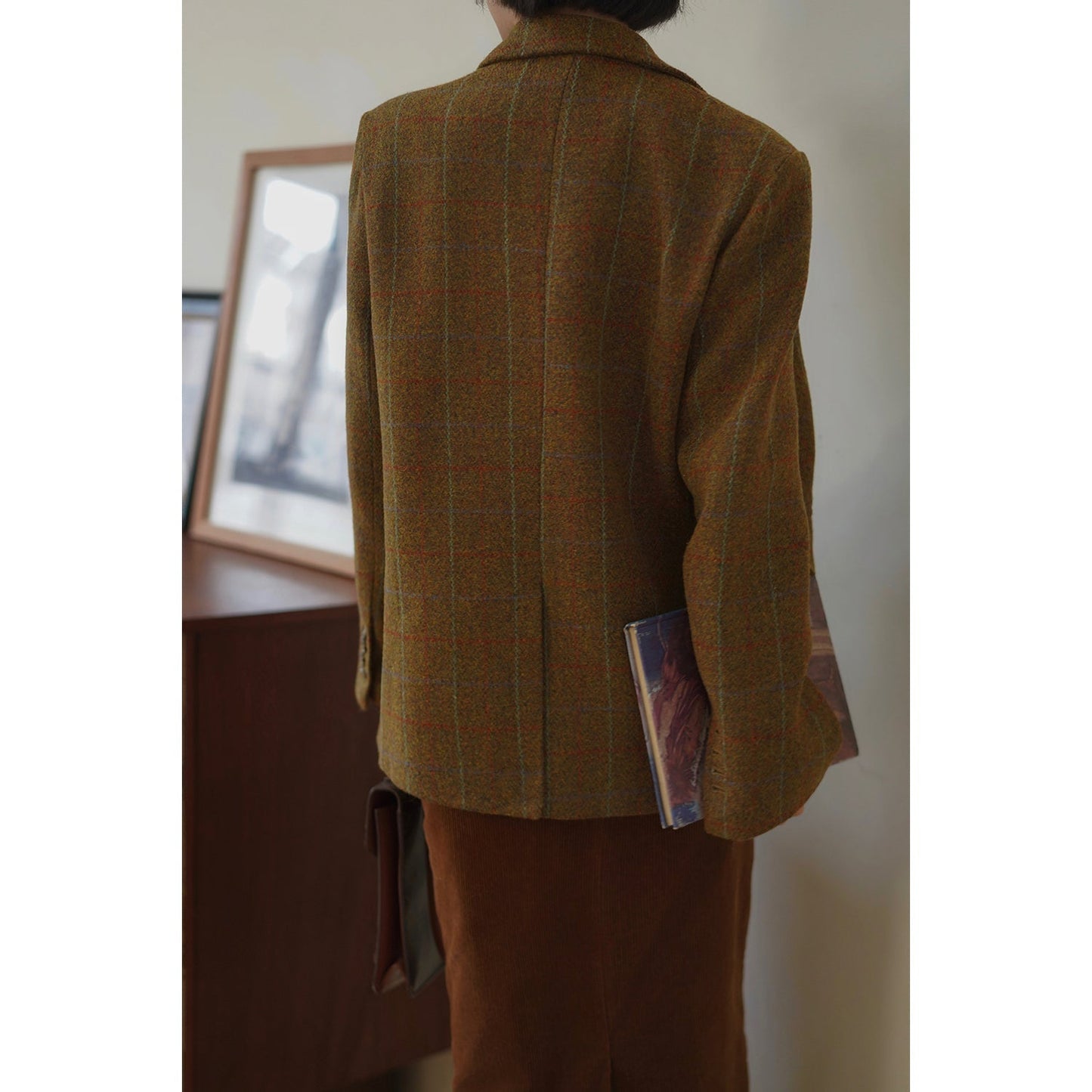 Mannish plaid retro wool jacket and wool skirt