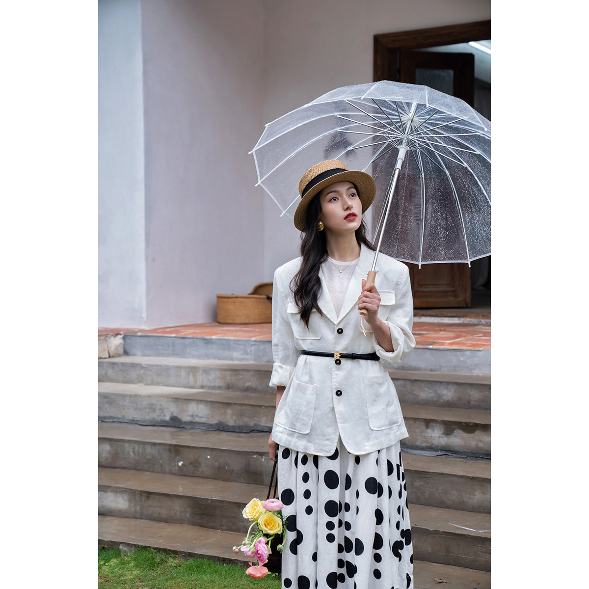 Black and white polka dot long skirt