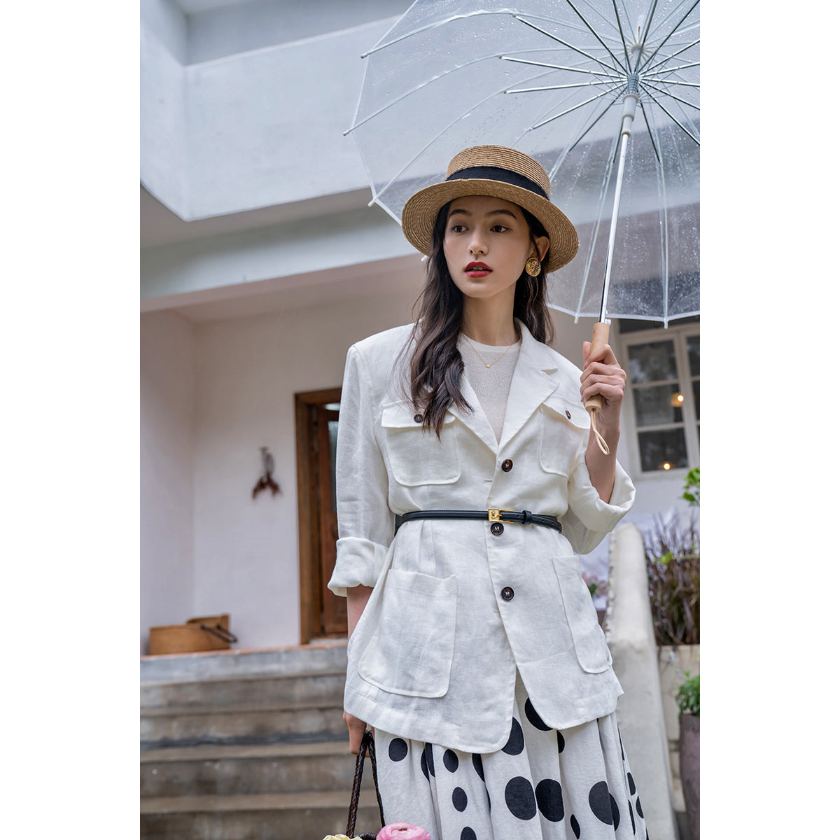 Black and white polka dot long skirt