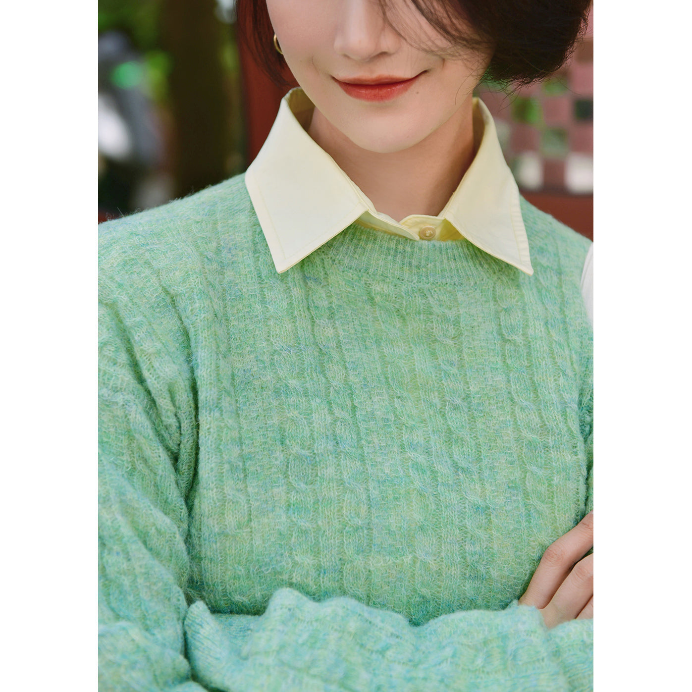 Aran knitted pale colored wool sweater