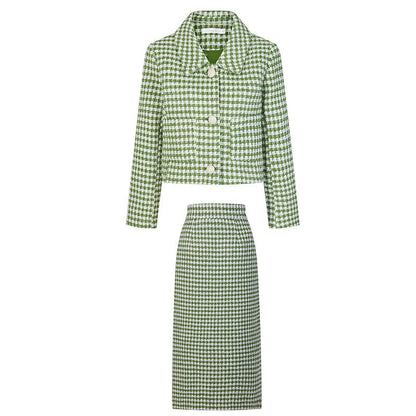 Light green plaid retro jacket and pencil skirt