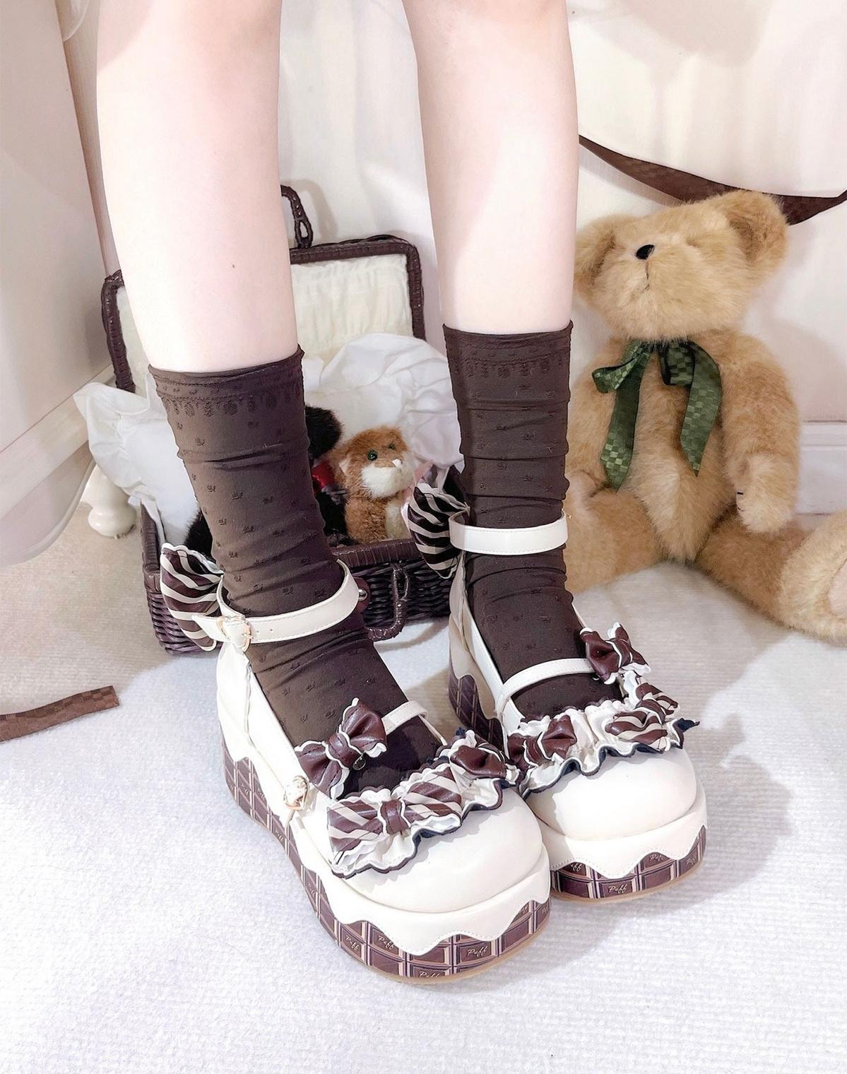 Sheep Puff - Chocolate Sponge Cake - Sweet Lolita Thick-Sole Shoes with Printed Platform