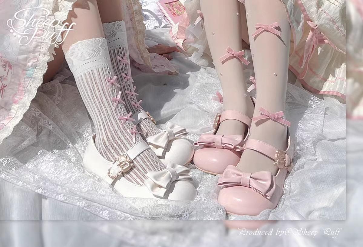 Sheep Puff - Hug Bear - Sweet Lolita Heel Shoes Bear Metal Buckle Bow Shoes