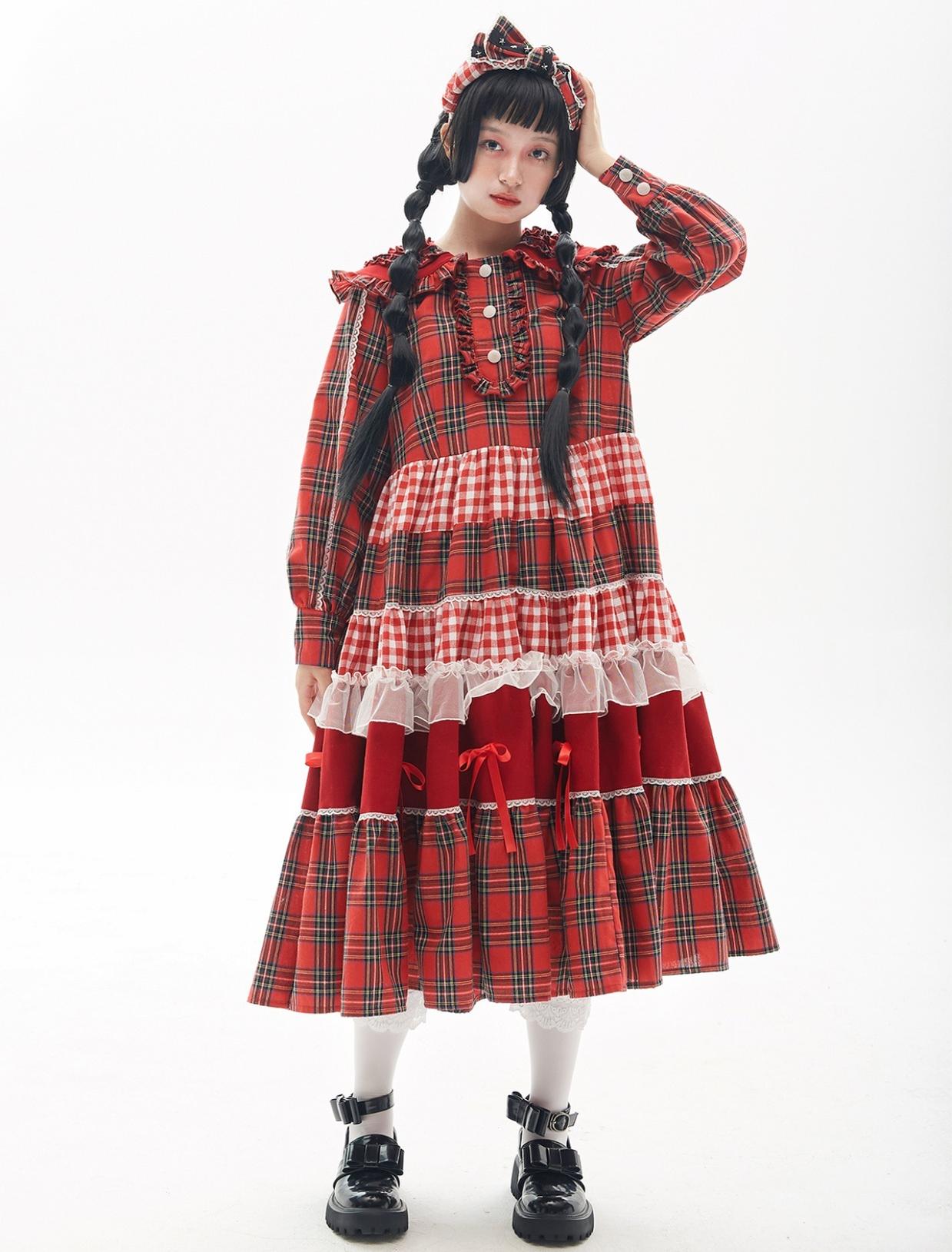 Soso Meme Club - Vintage Lolita OP Dress Red Lolita Plaid Dress for Spring Summer