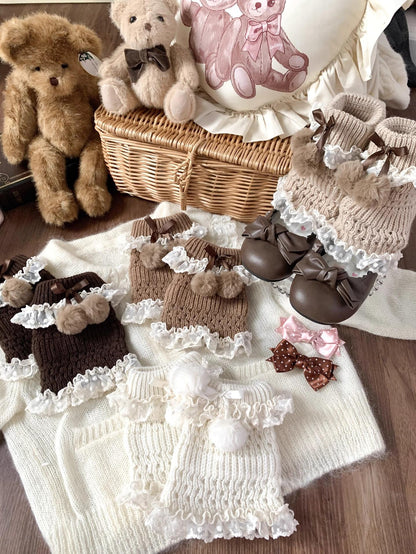Roji Roji - Kawaii Lolita Wool Leg Warmers, Pom-Pom Accented Bow