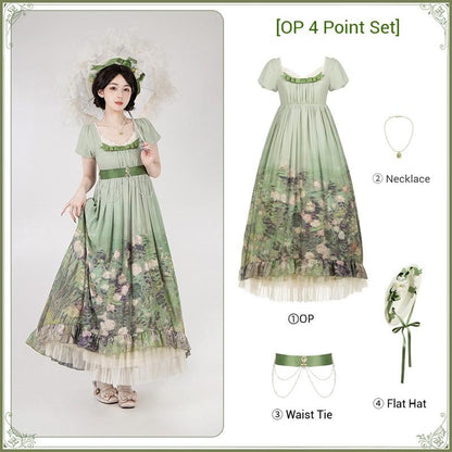 With PUJI - Blooming Rose - Chiffon Classic Lolita Dress Set Painting Styled OP & JSK
