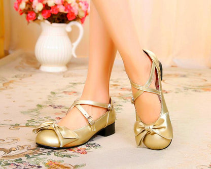 Sosic - Bow and Low Heel Cross Band Lolita Leather Shoes
