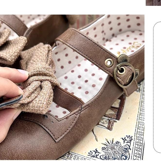 Sheep Puff - Bear Room - Sweet Lolita Shoes Double Bow Round Toe Flat Shoes