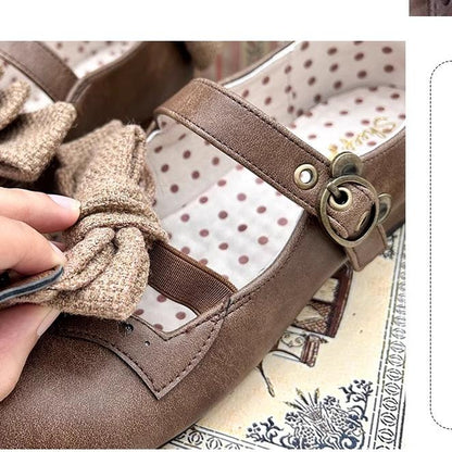 Sheep Puff - Bear Room - Sweet Lolita Shoes Double Bow Round Toe Flat Shoes